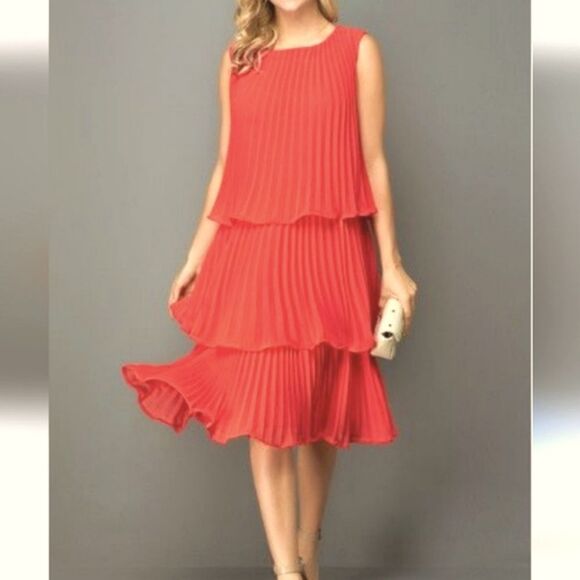 Rich Persimmon Tiered Sleeveless Midi Dress . Cocktail. Wedding - Picture 1 of 10